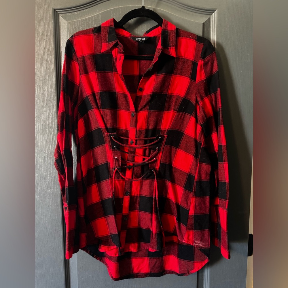 Express Red and Black Plaid Button Down Shirt